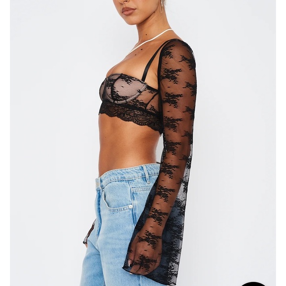 White Fox Hold It Down Long Sleeve Lace Crop Black - Picture 2 of 4